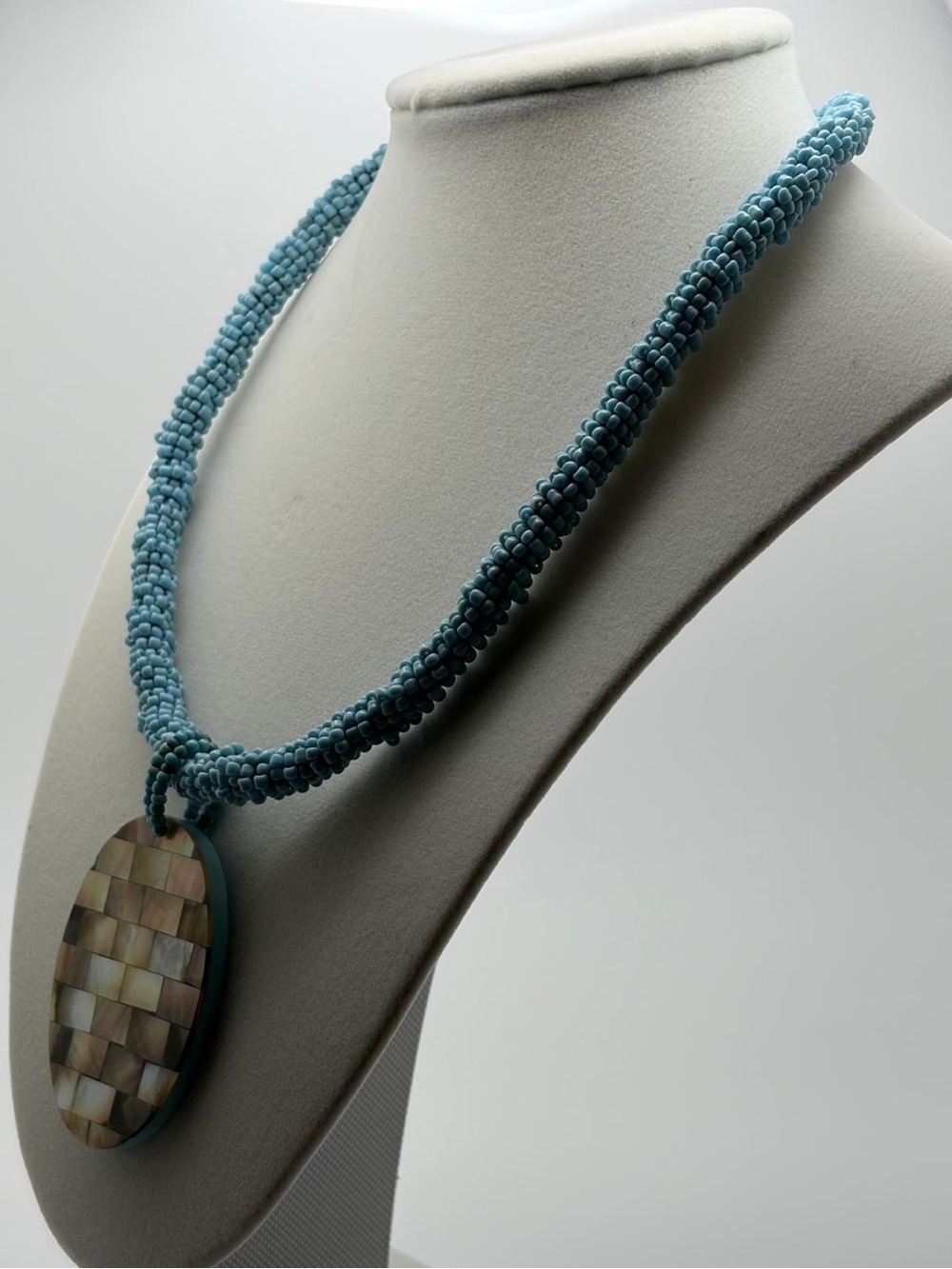 Sea Glass Blue Beaded Necklace with Mother-of-Pearl Pendant